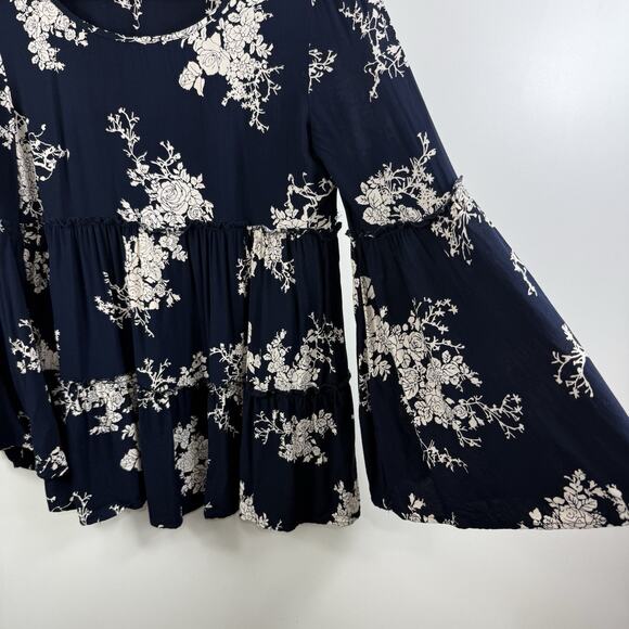 Jodifl Dark Navy Blue Floral Peasant Top Bell Sleeve Small Tiered Ruffle Boho - Picture 4 of 11